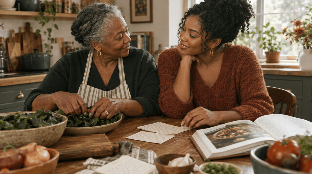 A grandmother and adult granddaughter sharing a family recipe beside an open cookbook